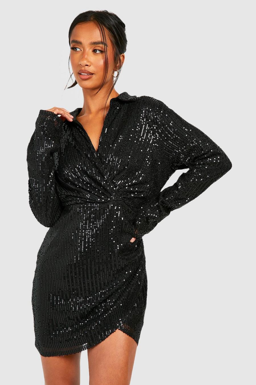 Black Petite Sequin Wrap Dress  image number 1