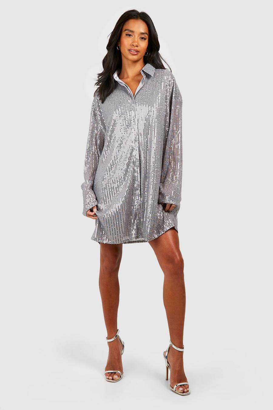Silver Petite Skjortklänning med paljetter image number 1