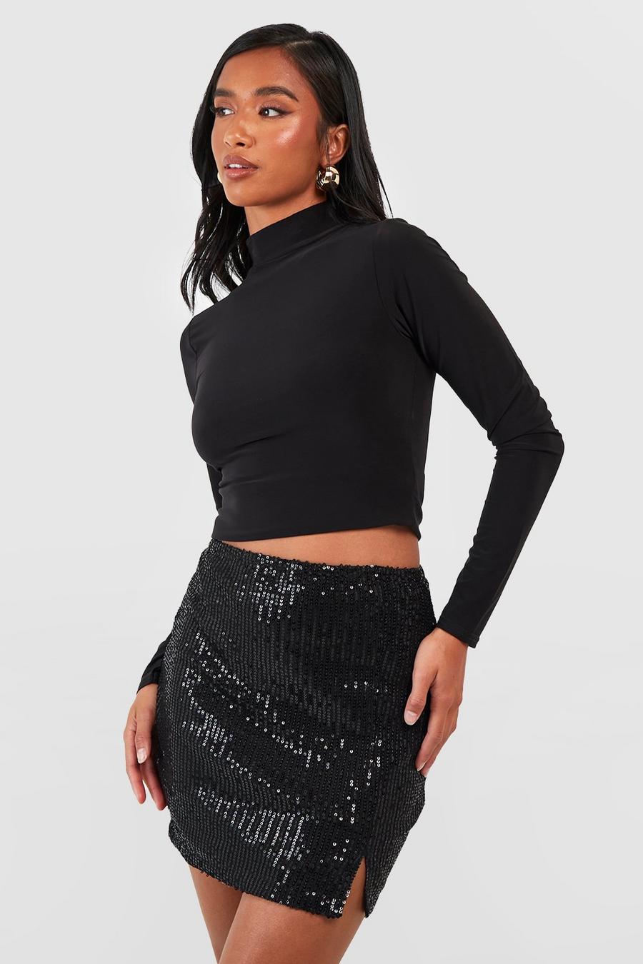 Black Petite Sequin Split Hem Mini Skirt image number 1