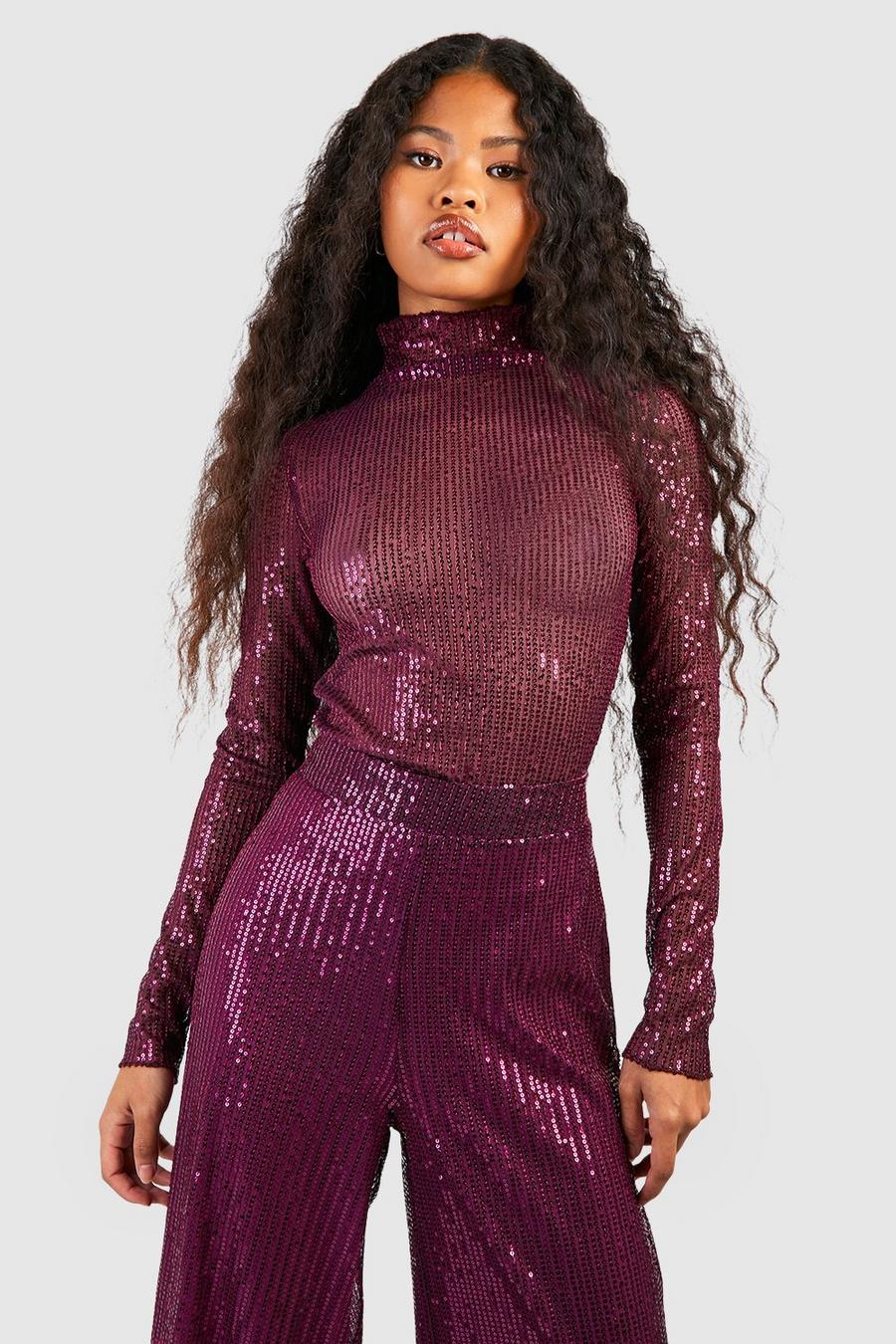 Plum Petite Sequin High Neck Top 