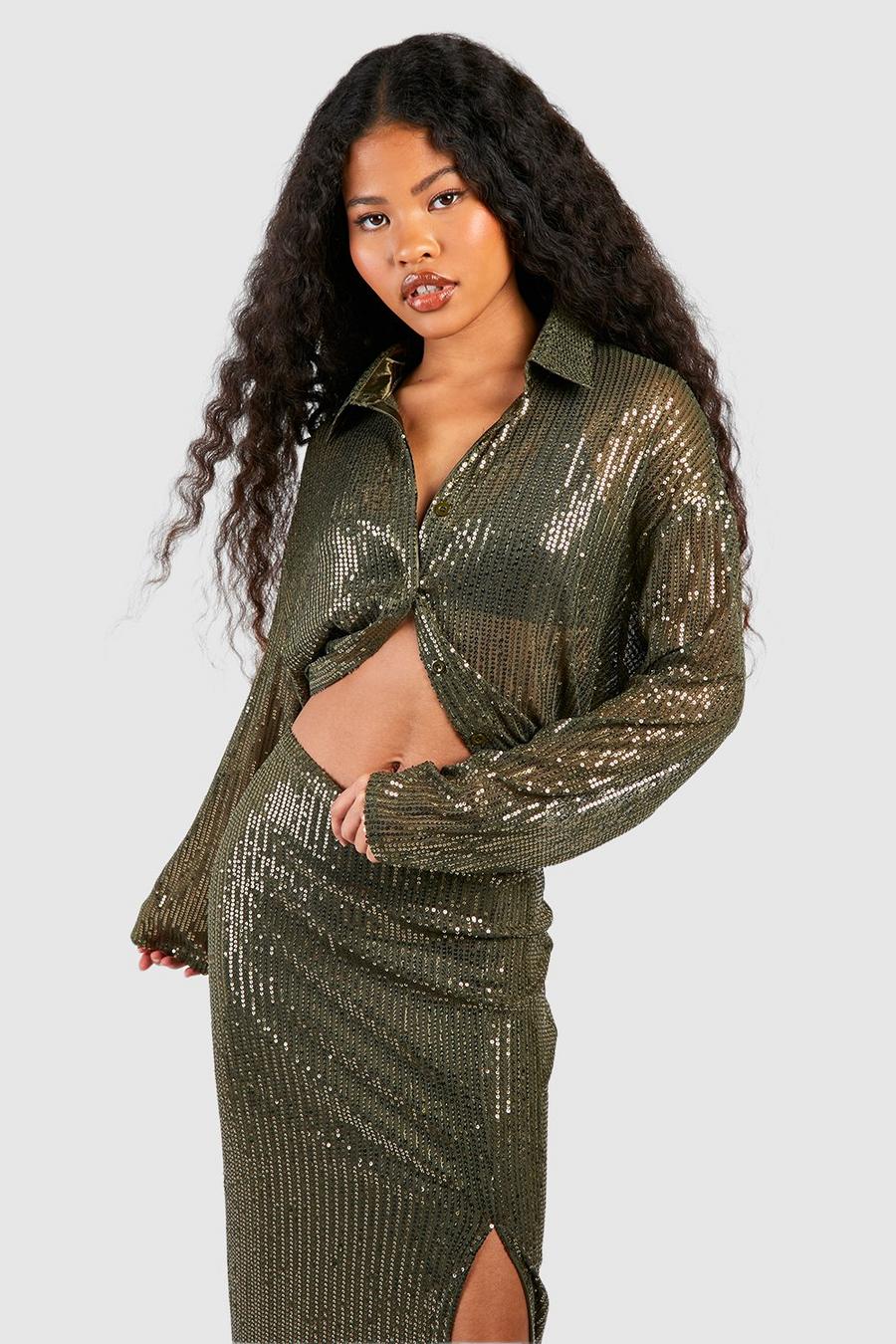 Khaki Petite Sequin Shirt  image number 1