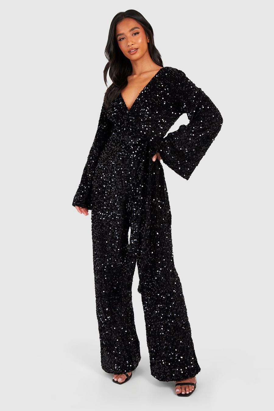 Black Petite Velvet Sequin Wrap Jumpsuit image number 1