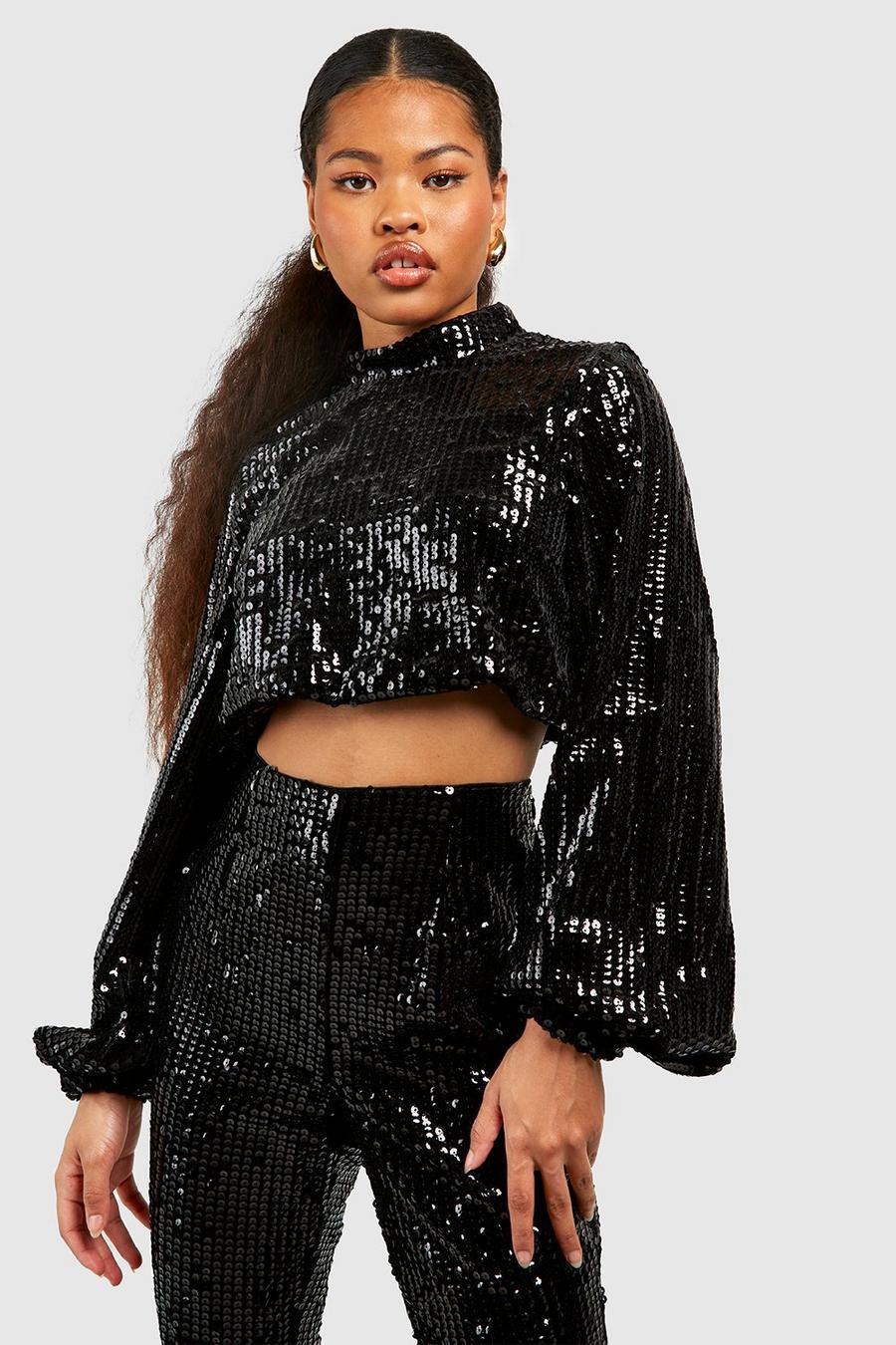 Black Petite Heavy Sequin High Neck Puff Sleeve Top image number 1