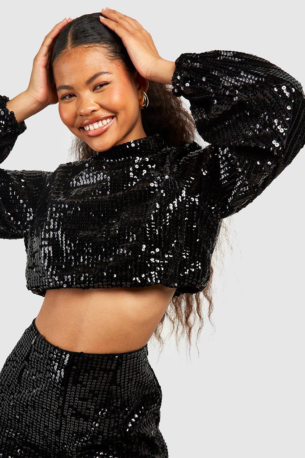 Sequin High Neck Long Sleeved Top