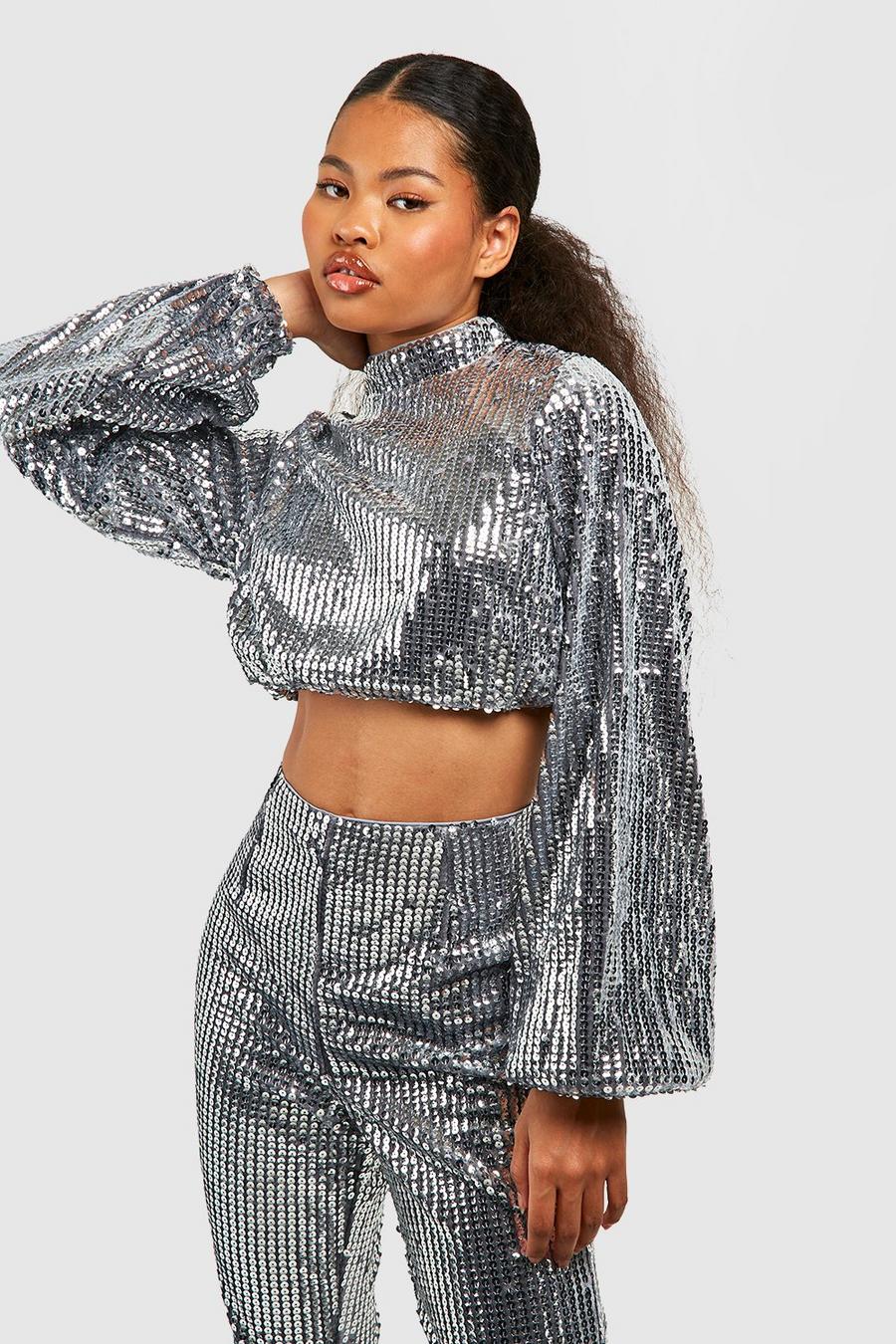 Silver Petite Heavy Sequin High Neck Puff Sleeve Top image number 1