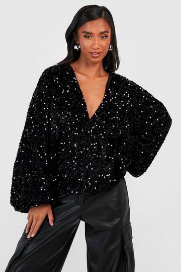 Petite Velvet Sequin Puff Sleeve Peplum Top black