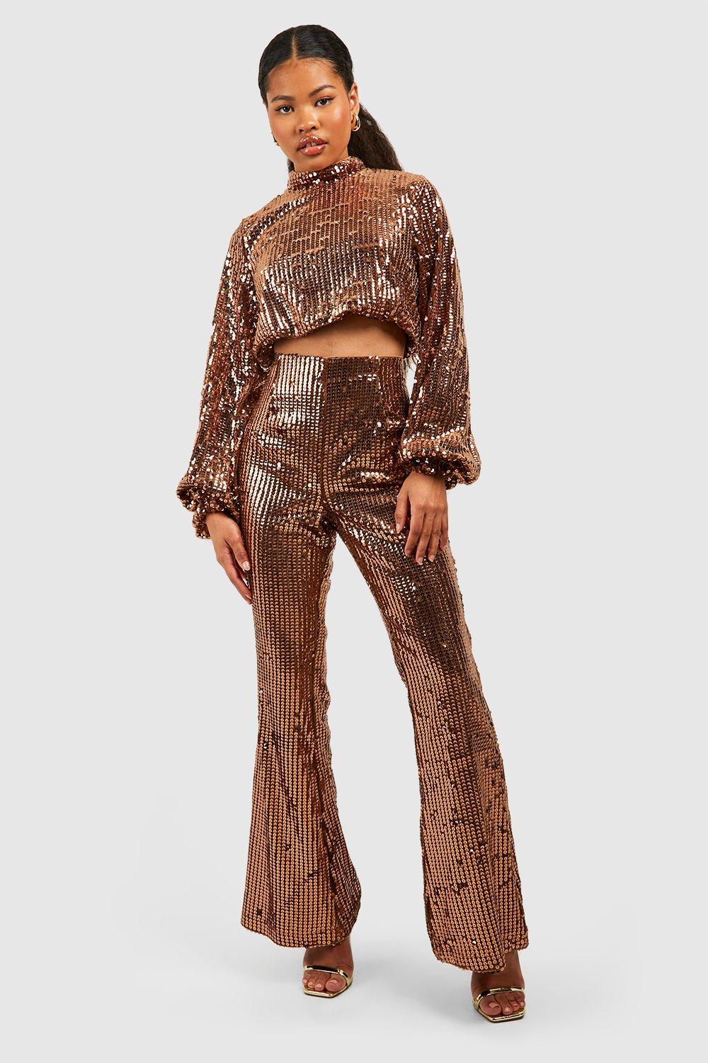 Women s Petite Heavy Sequin High Waist Flare Trouser Boohoo UK