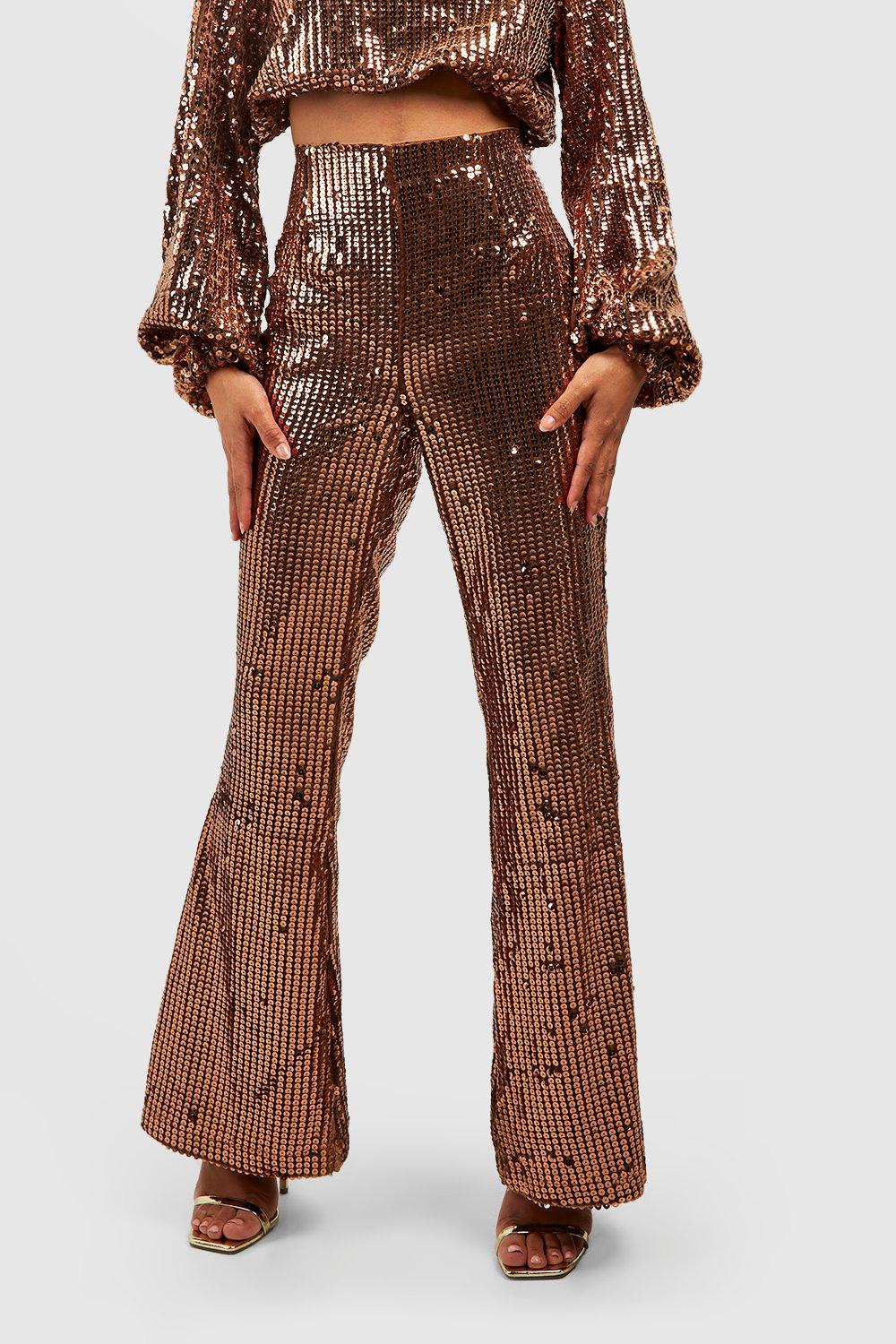 Rose Gold Sequin Flare Pants  Sequin flare pants, Rose gold print, Rose  gold sequin