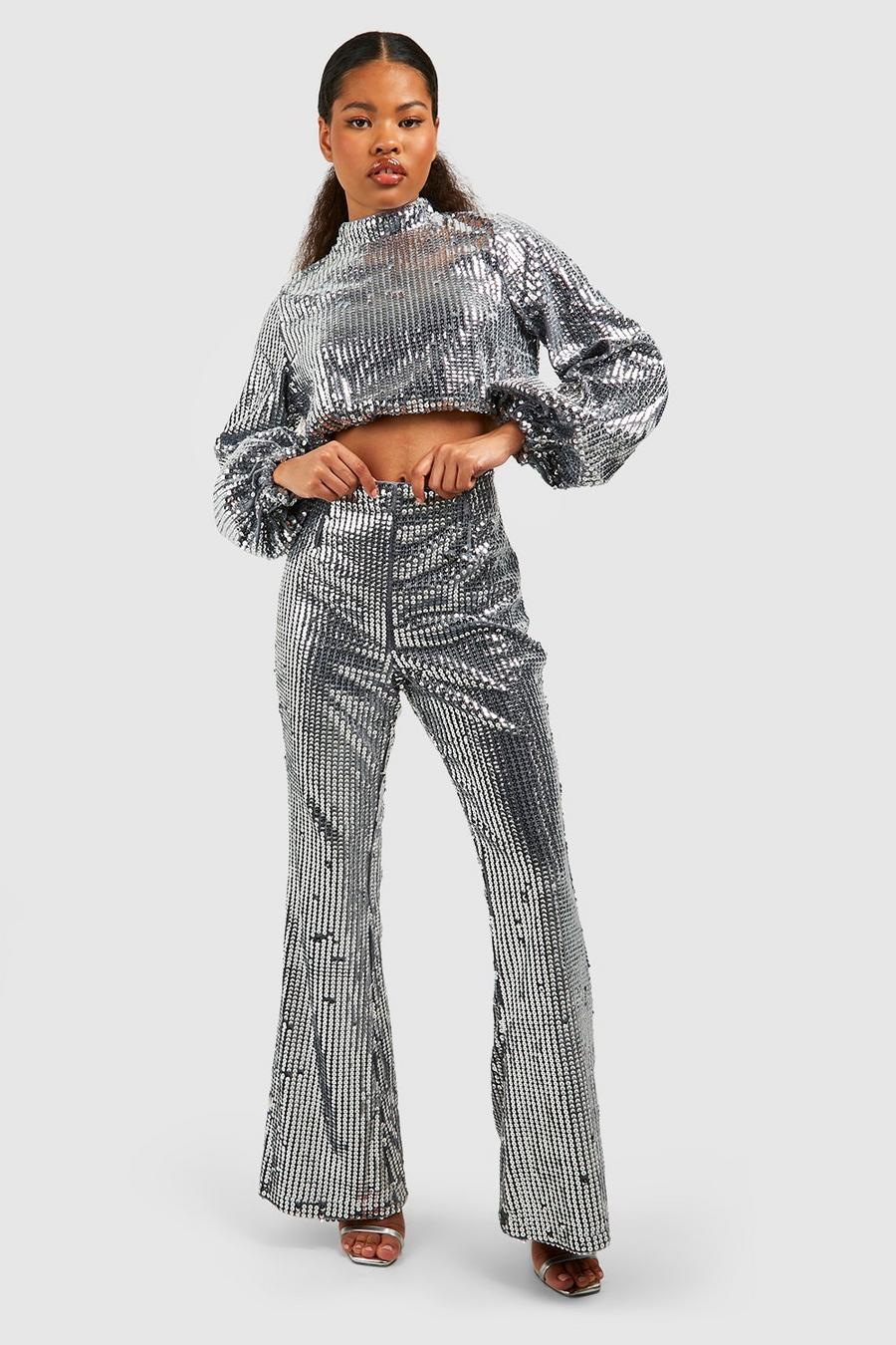 Silver Petite Heavy Sequin High Waist Flare Pants image number 1