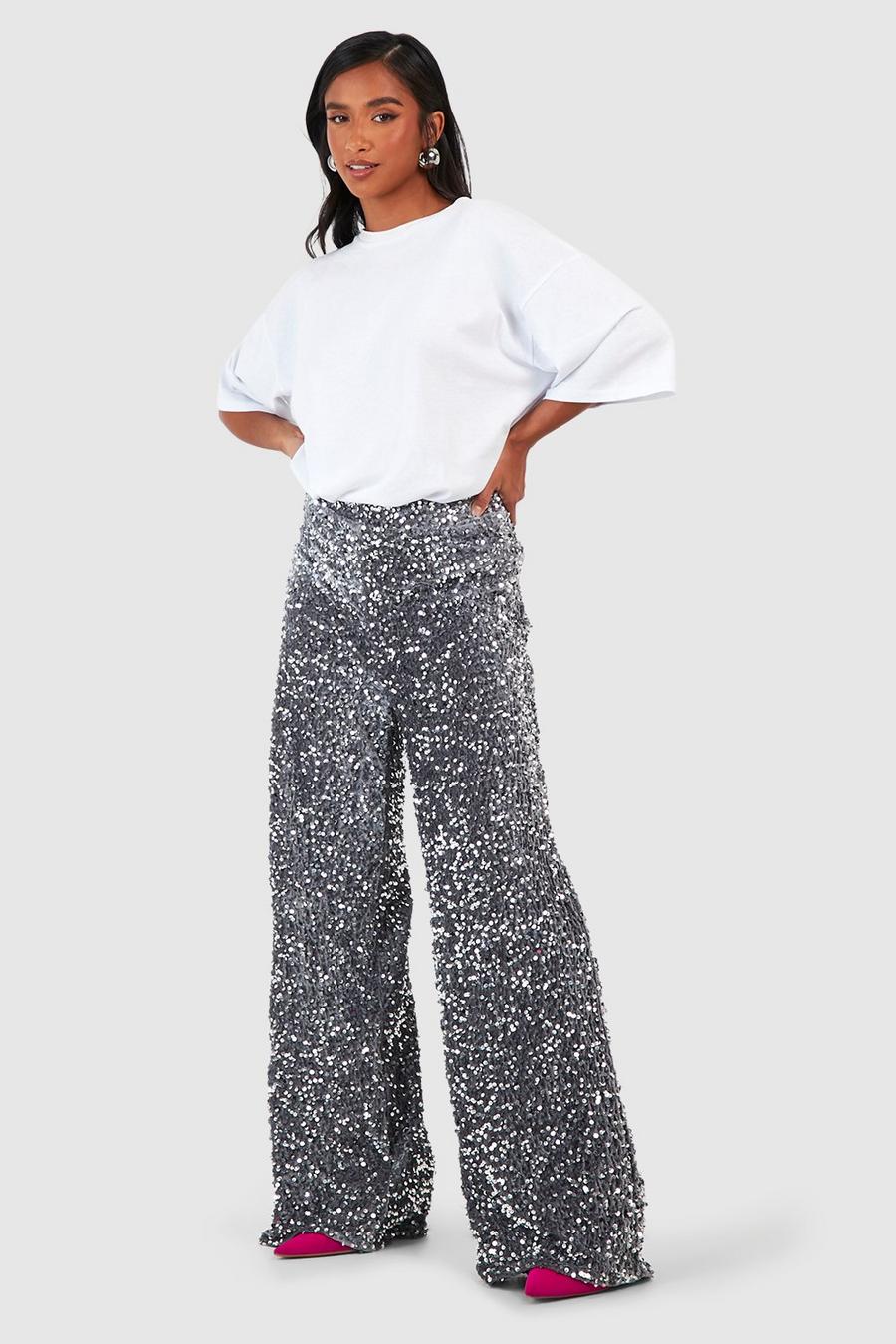 Petite - Pantalon large en velours à paillettes, Silver image number 1