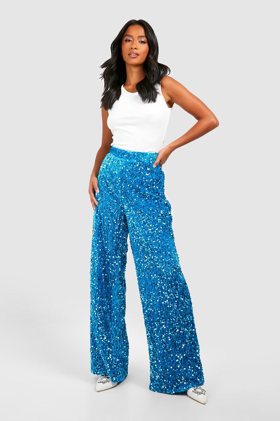 Pantaloni a gamba ampia Petite in velluto con paillettes, Turquoise image number 1