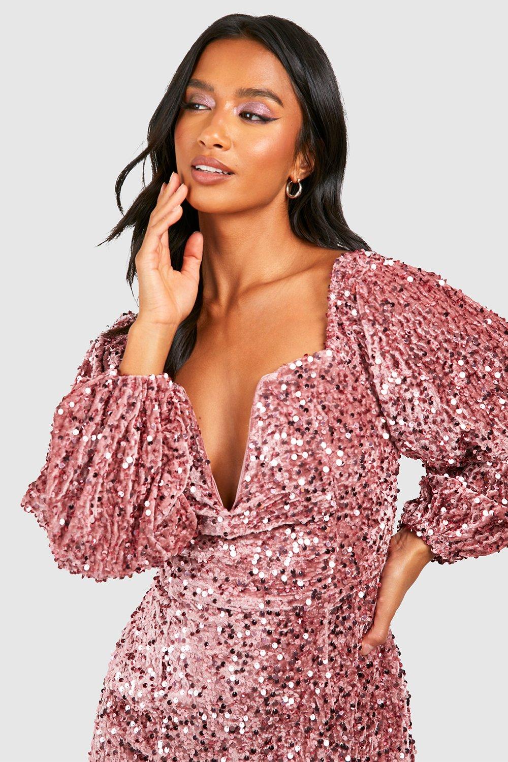 Petite Velvet Sequin V Bar Balloon Sleeve Mini Dress boohoo