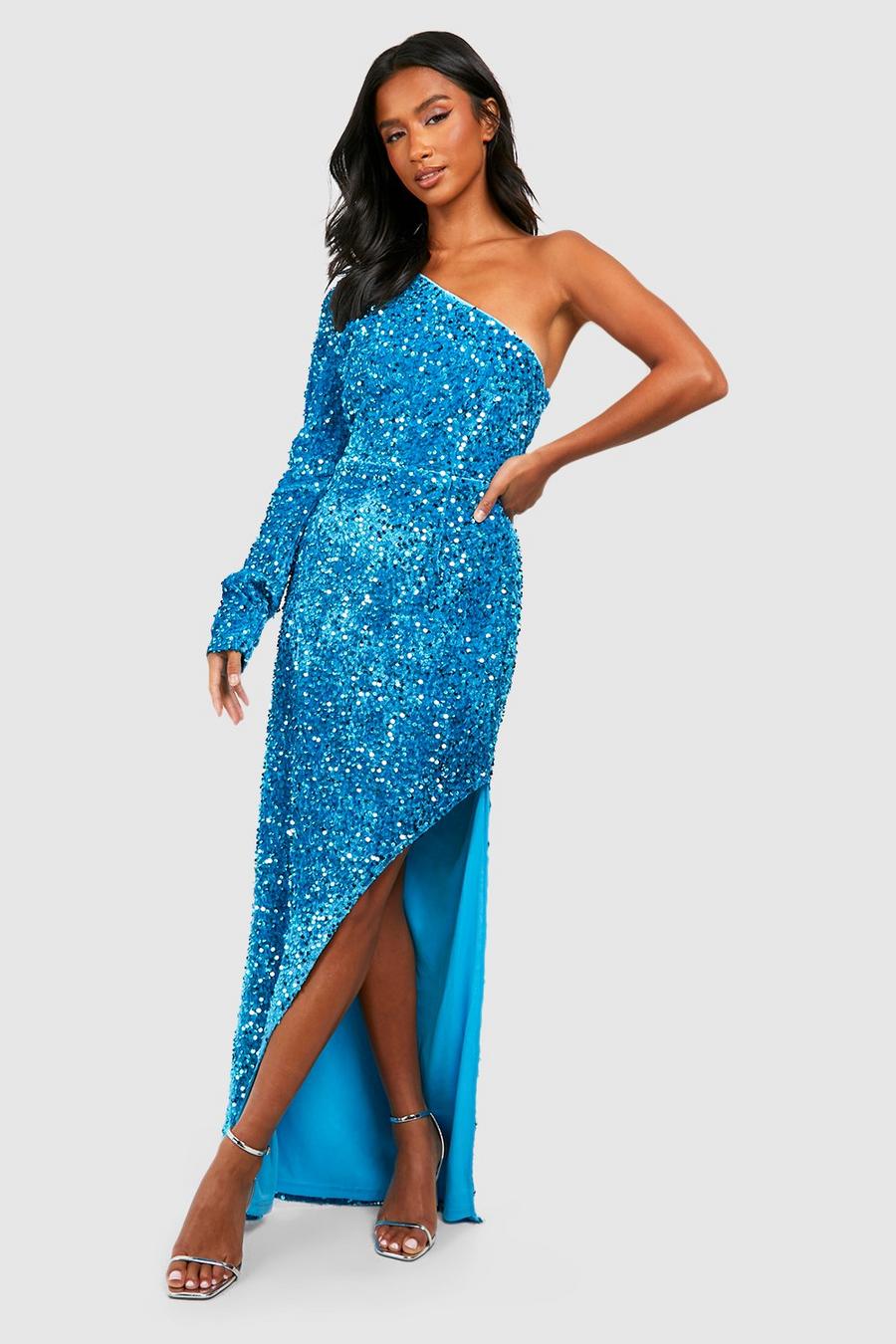 Turquoise Petite Velvet Sequin Asymmetric Maxi Dress  image number 1