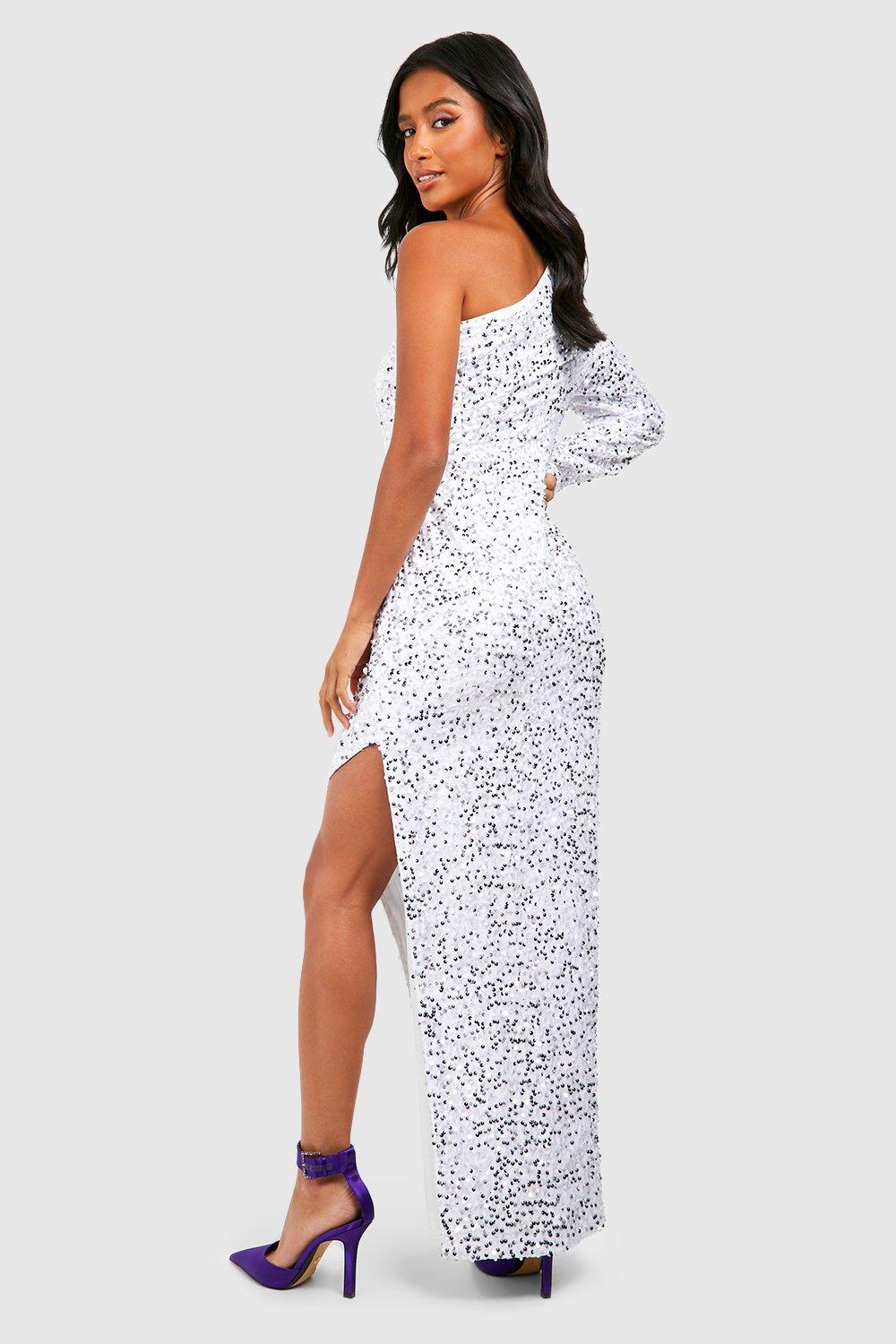 Petite Robe longue asym trique en velours paillettes boohoo