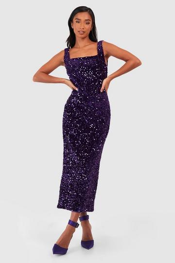 Plum Purple Petite Velvet Sequin Square Neck Midi Dress