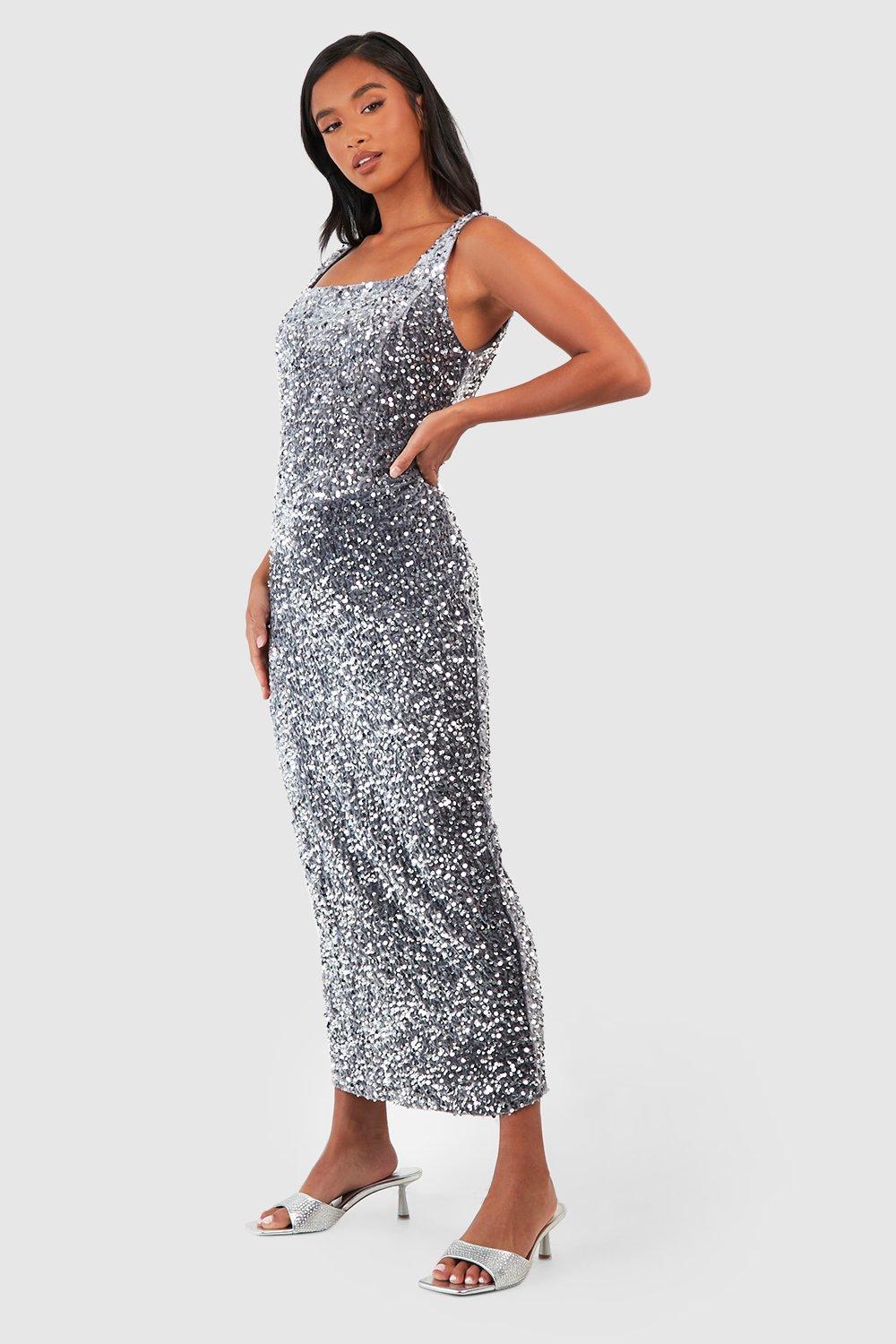 Women's Petite Velvet Sequin Square Neck Midaxi Dress