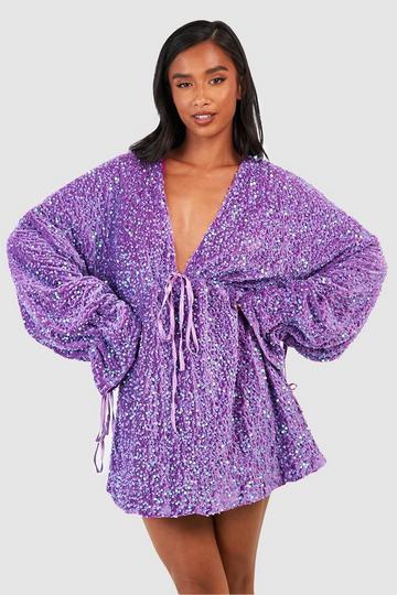 Purple Petite Velvet Sequin Puff Sleeve Skater Dress