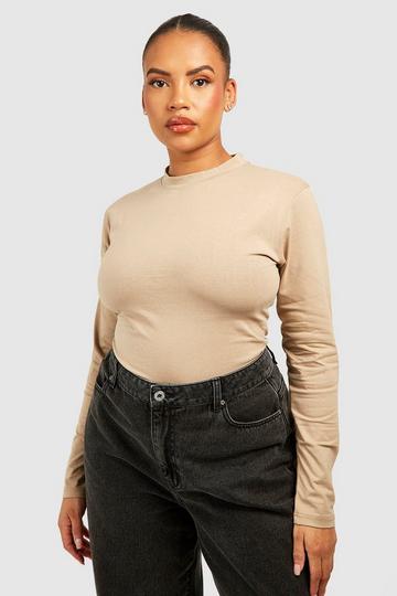 Plus Cotton Long Sleeve Fitted T-shirt taupe