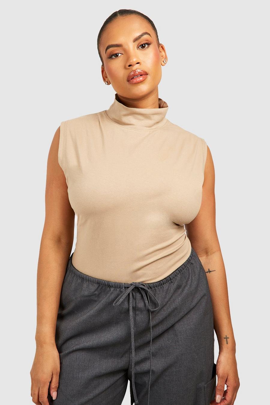 Taupe Plus Extended Neck Cotton Sleeveless Top