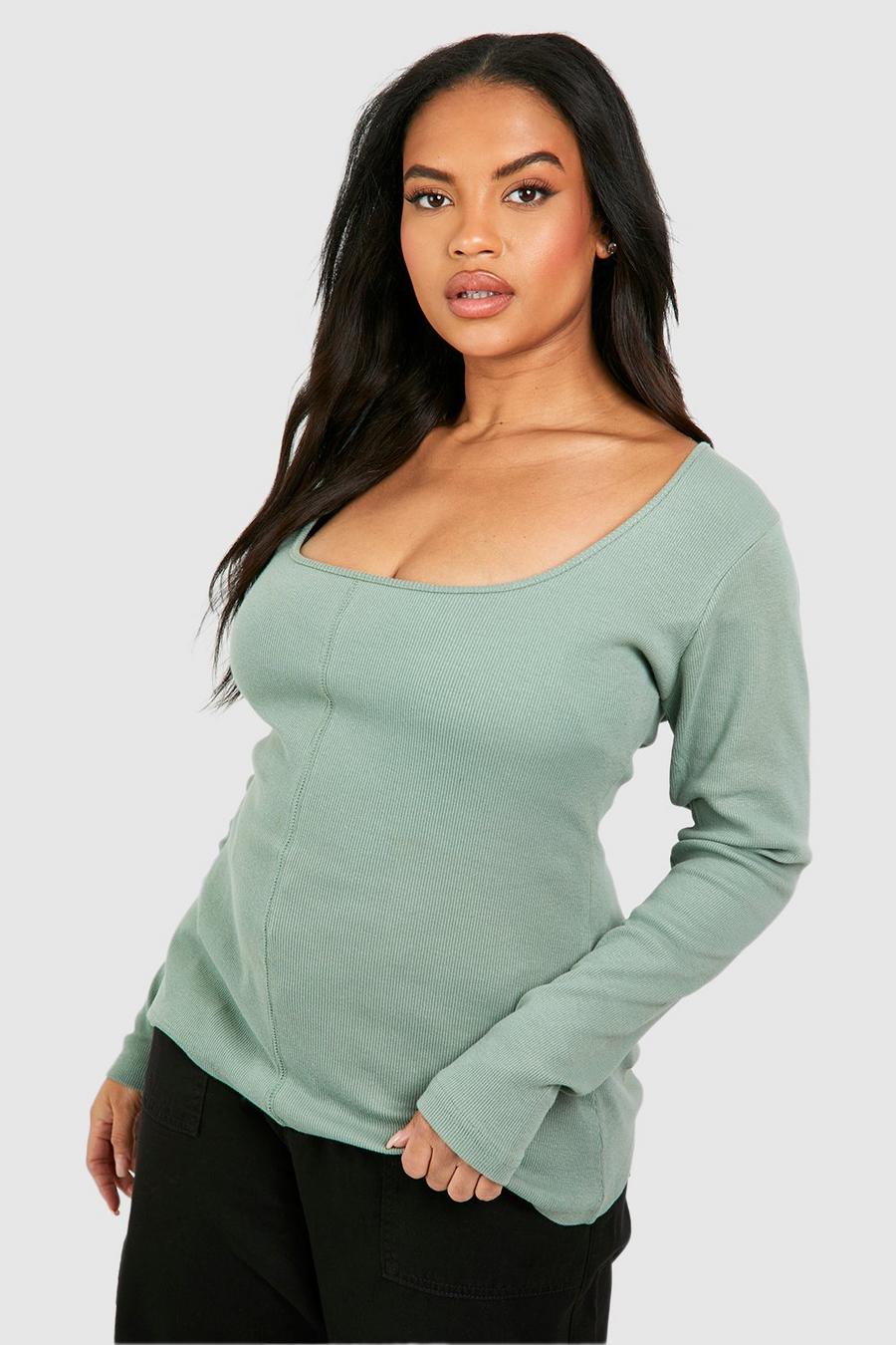 Washed khaki Plus Ribbed Exposed Seam Scoop Neck Top