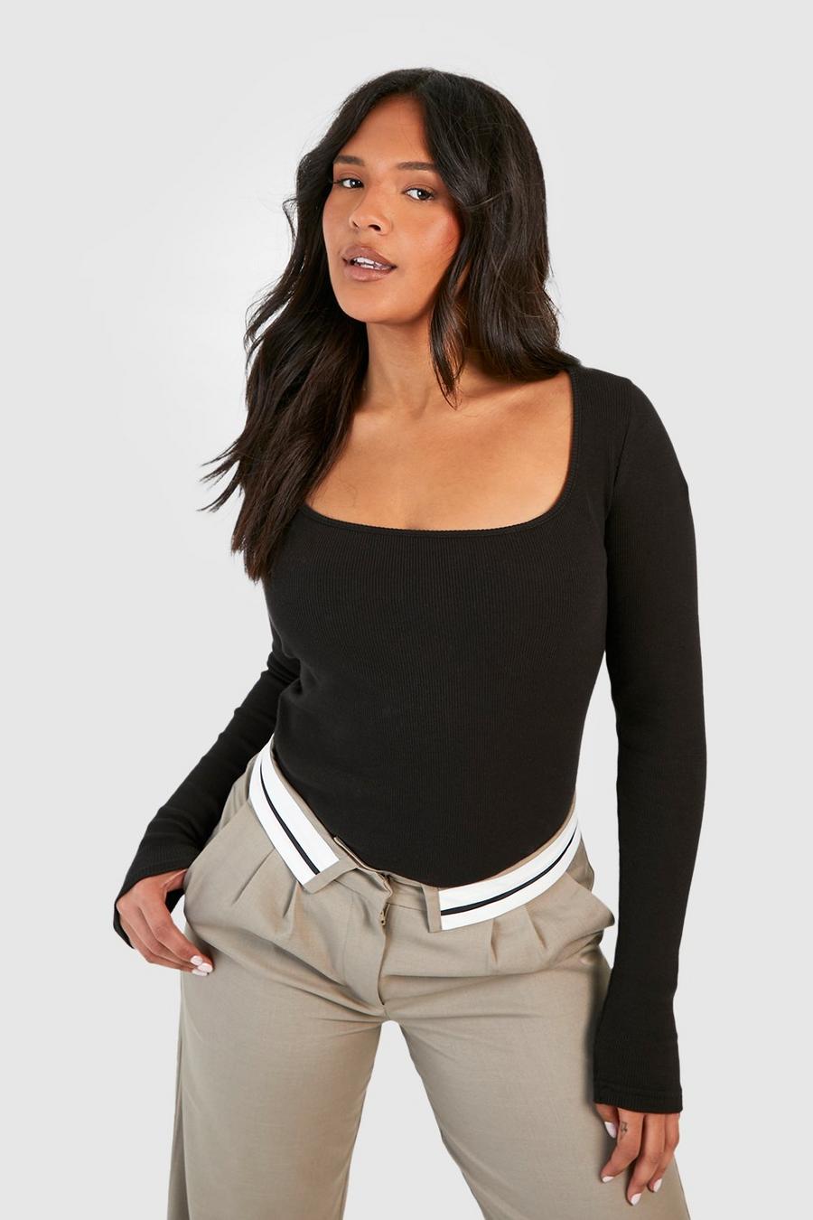 Black Plus Ribbed Thick Binding Scoop Neck Top image number 1