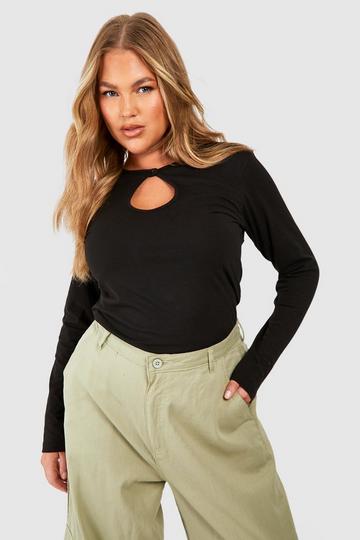 Plus Cotton Keyhole Long Sleeve Top black