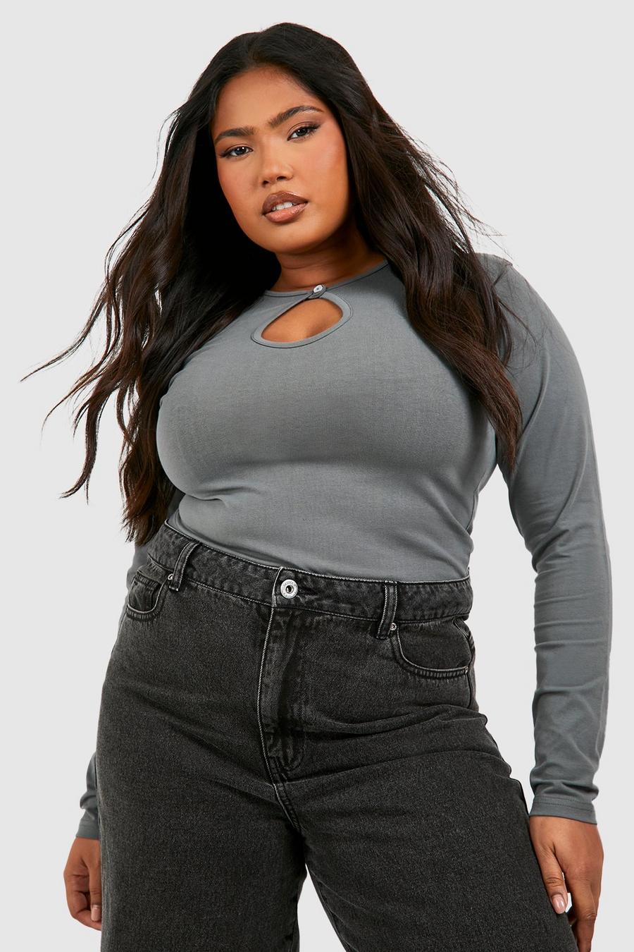 Charcoal Plus Cotton Keyhole Long Sleeve Top image number 1