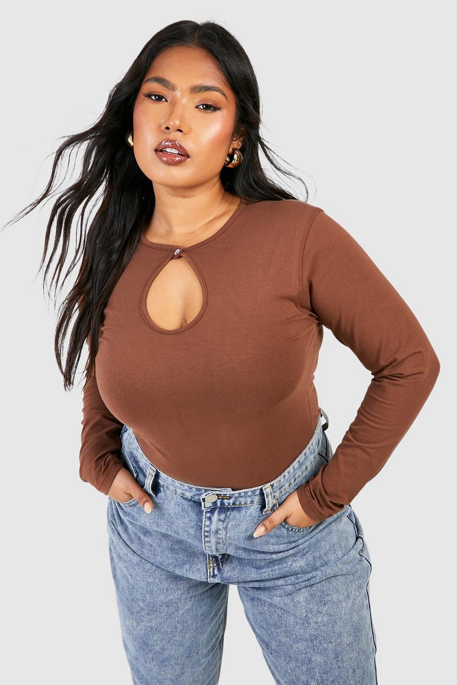 Chocolate Plus Cotton Keyhole Long Sleeve Top image number 1