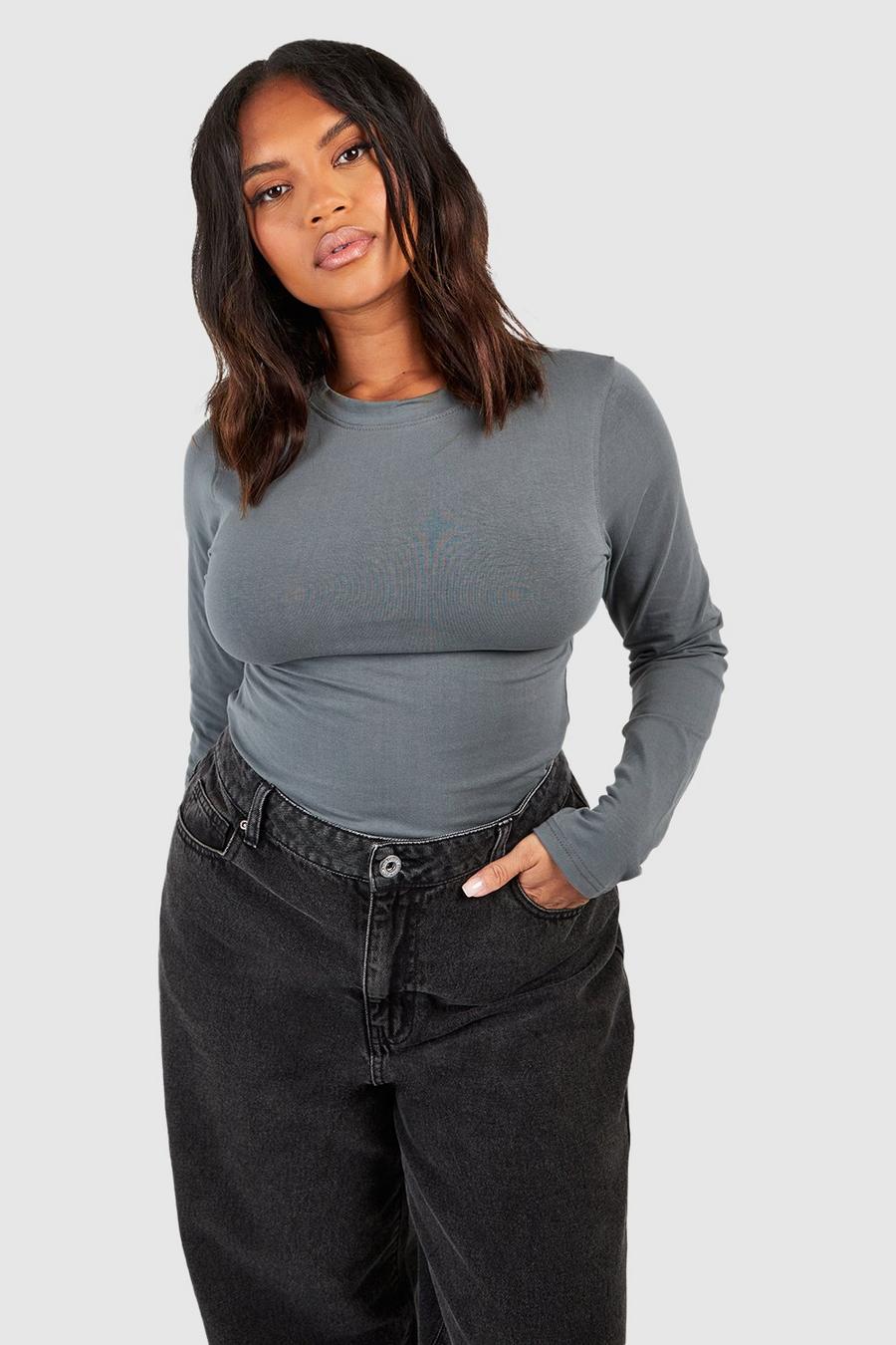 Body a girocollo Plus Size in cotone a maniche lunghe, Charcoal image number 1