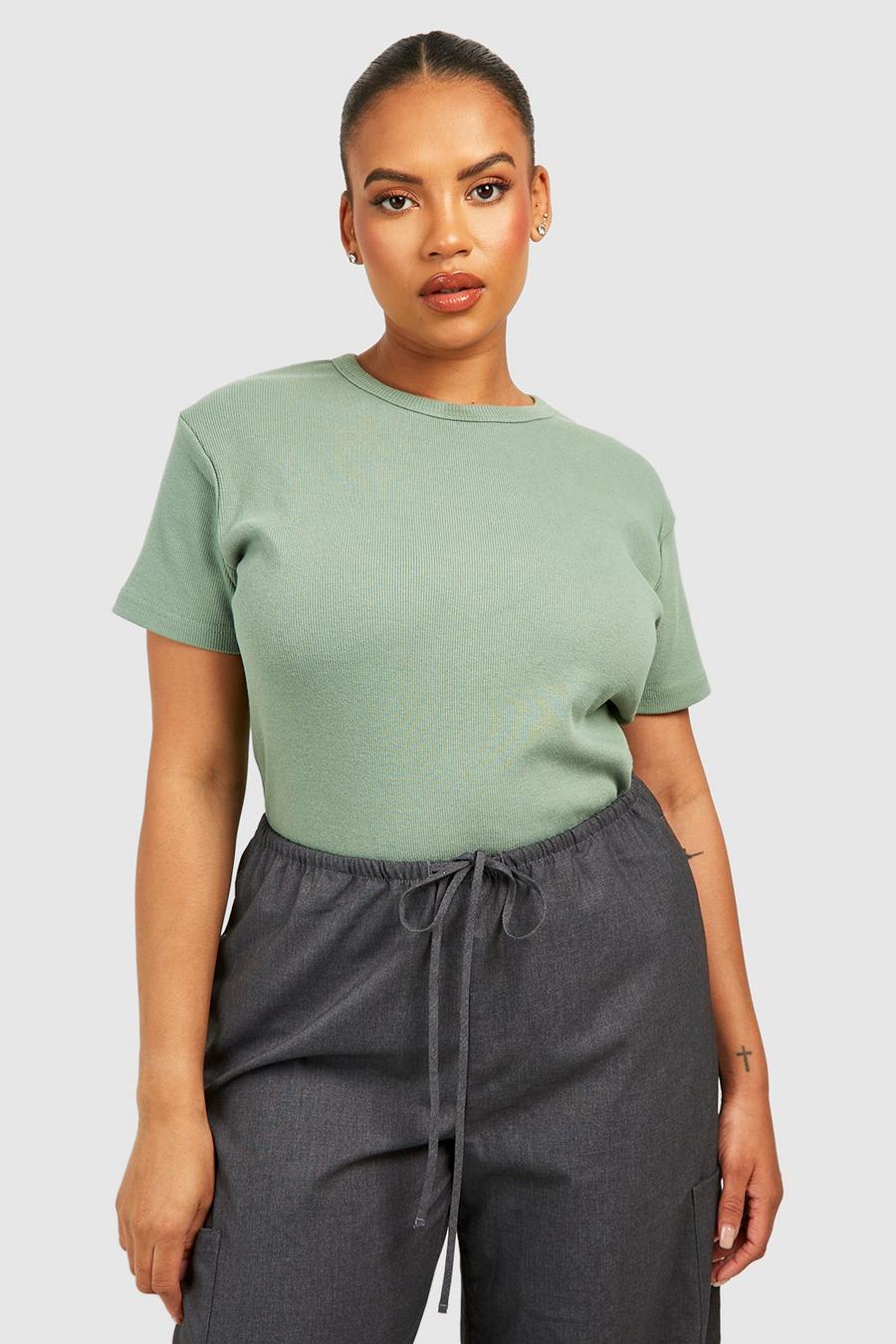 Washed khaki Plus Ribbed Thick Binding Short Sleeve Top  image number 1
