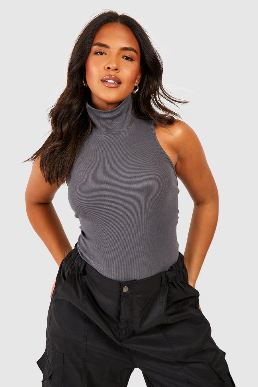 Charcoal Plus Ribbed Sleeveless Racer High Neck Bodysuit image number 1