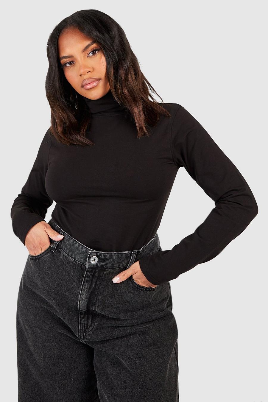 Black Plus Cotton Long Sleeve Roll Neck Top  image number 1