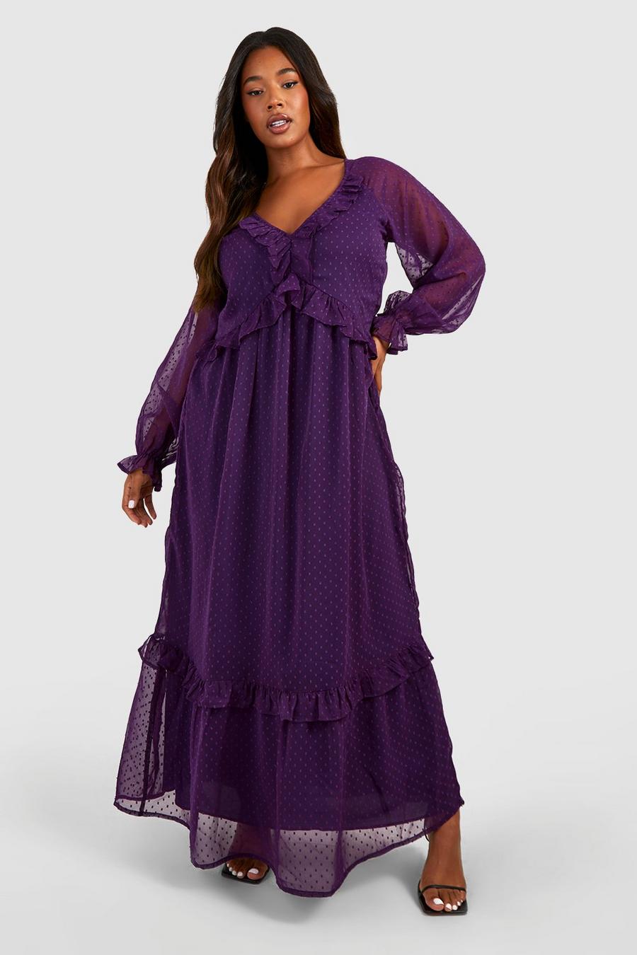 Vestito maxi Plus Size in rete plumetis con arricciature, Purple