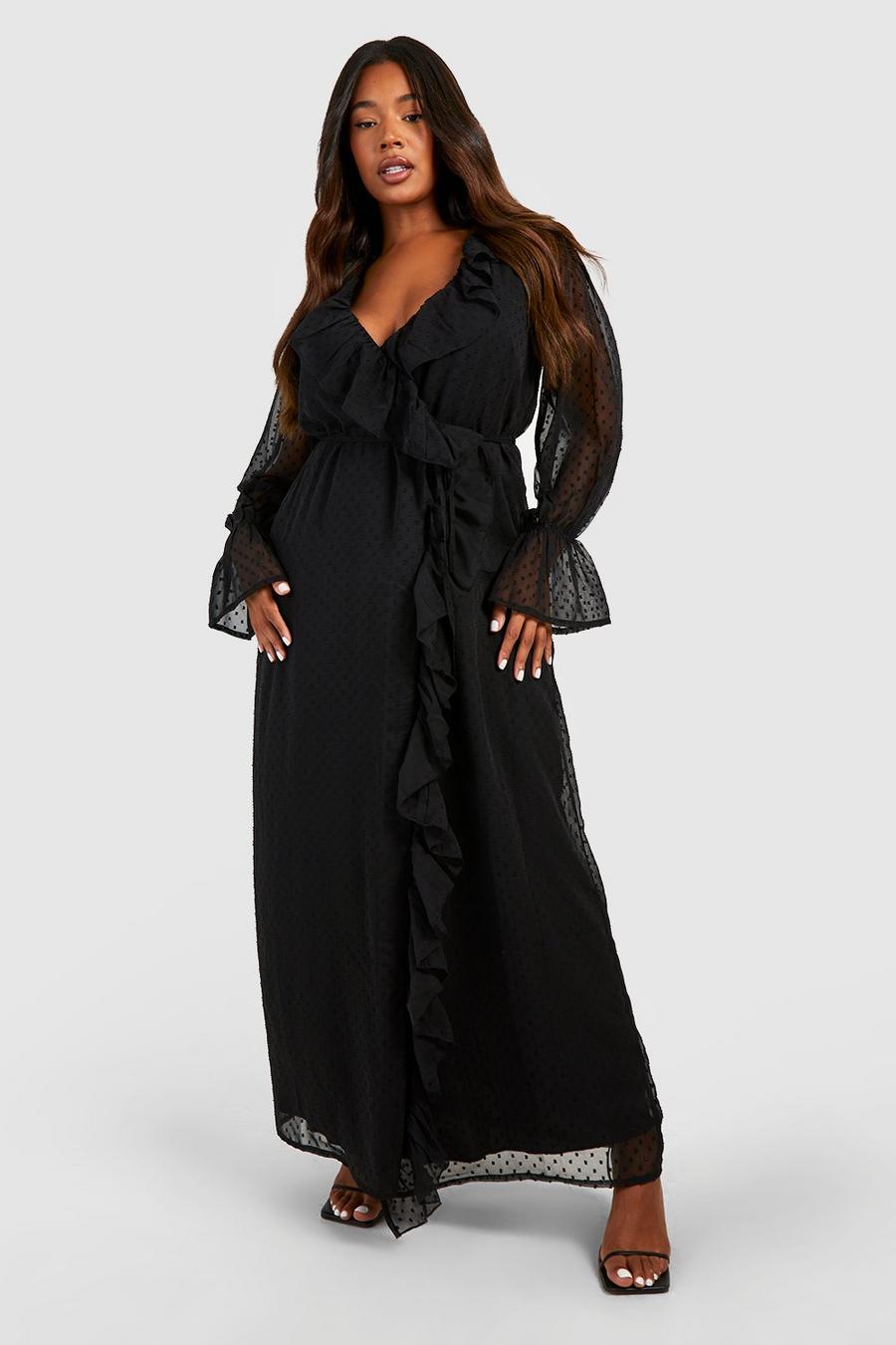 Black Plus Dobby Flare Sleeve Maxi Dress image number 1