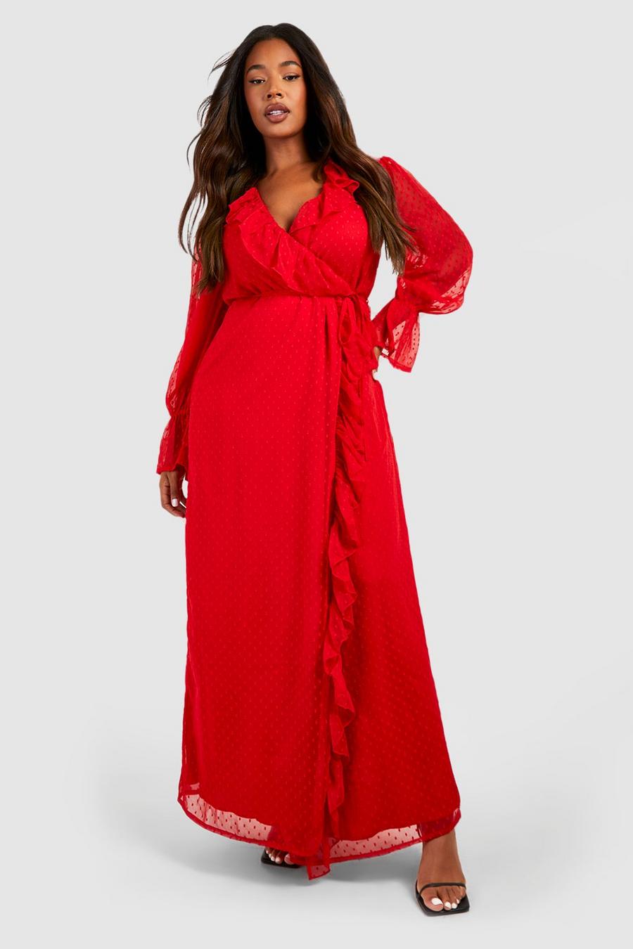 Red Plus Dobby Flare Sleeve Maxi Dress image number 1