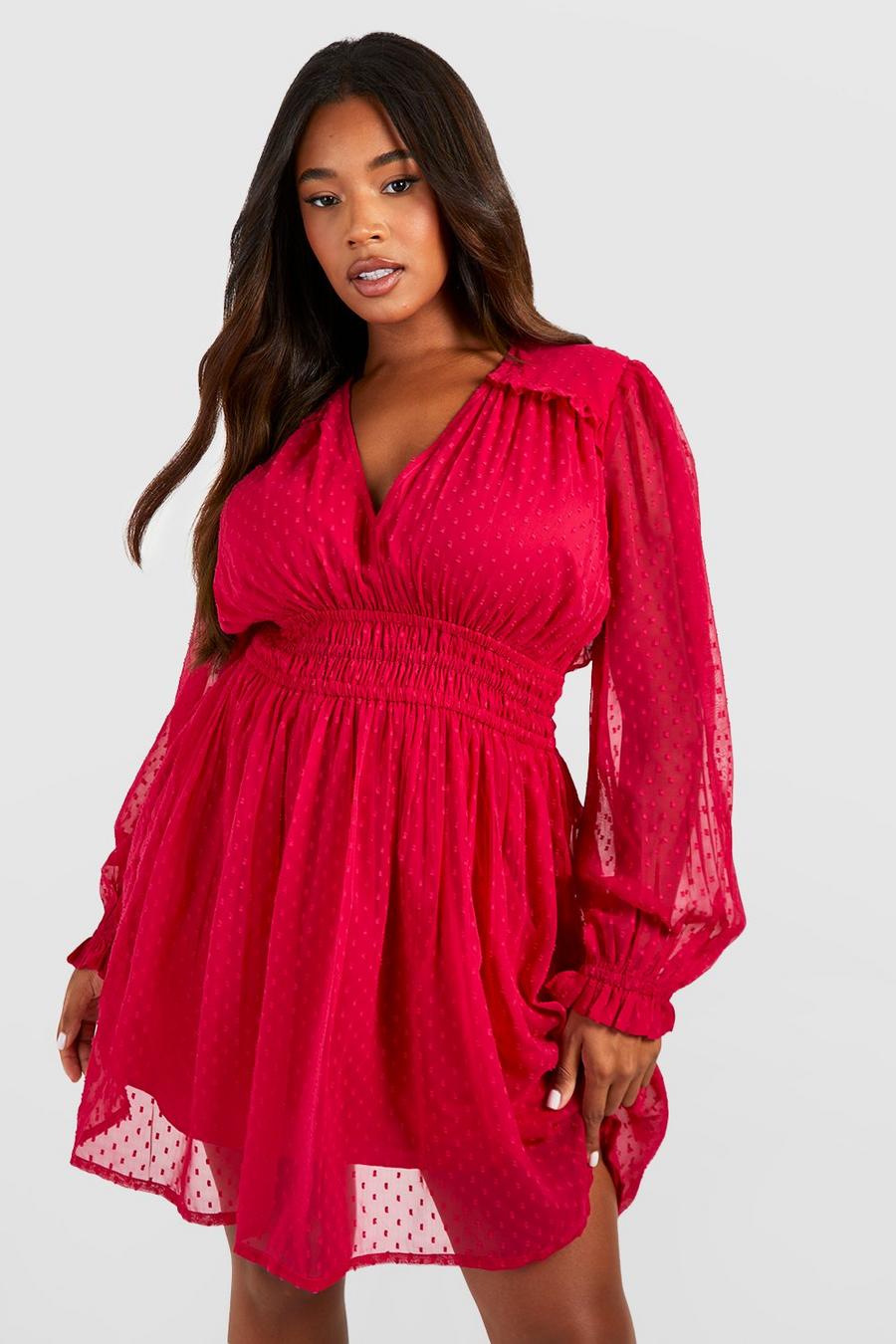 Berry Plus Dobby Long Sleeve Skater Dress