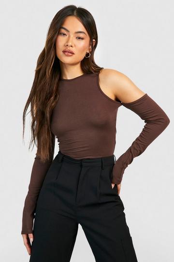 Jersey Racer Neck Cut Out Long Sleeve Bodysuit chocolate