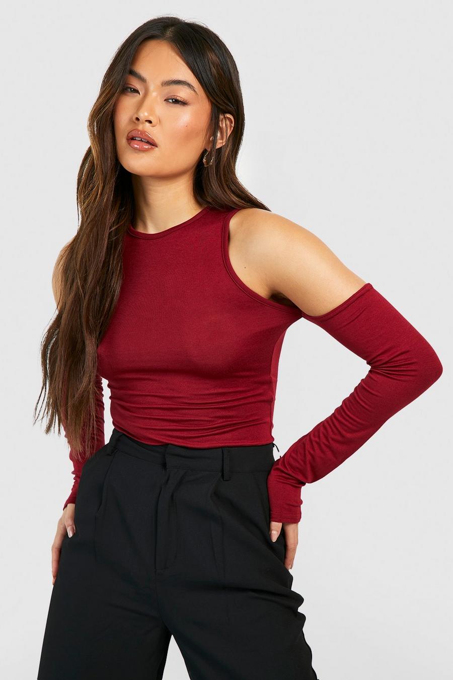 Wine red Jersey Racer Neck Cut Out Long Sleeve Bodysuit 