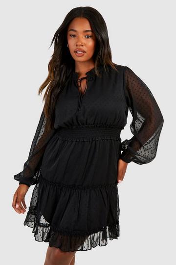 Black Plus Dobby Mesh Tie Detail Skater Dress