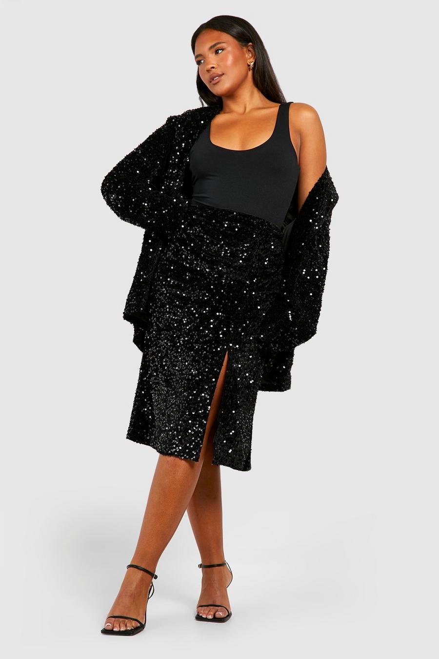 Black Plus Velvet Sequin Ruched Split Midi Skirt image number 1