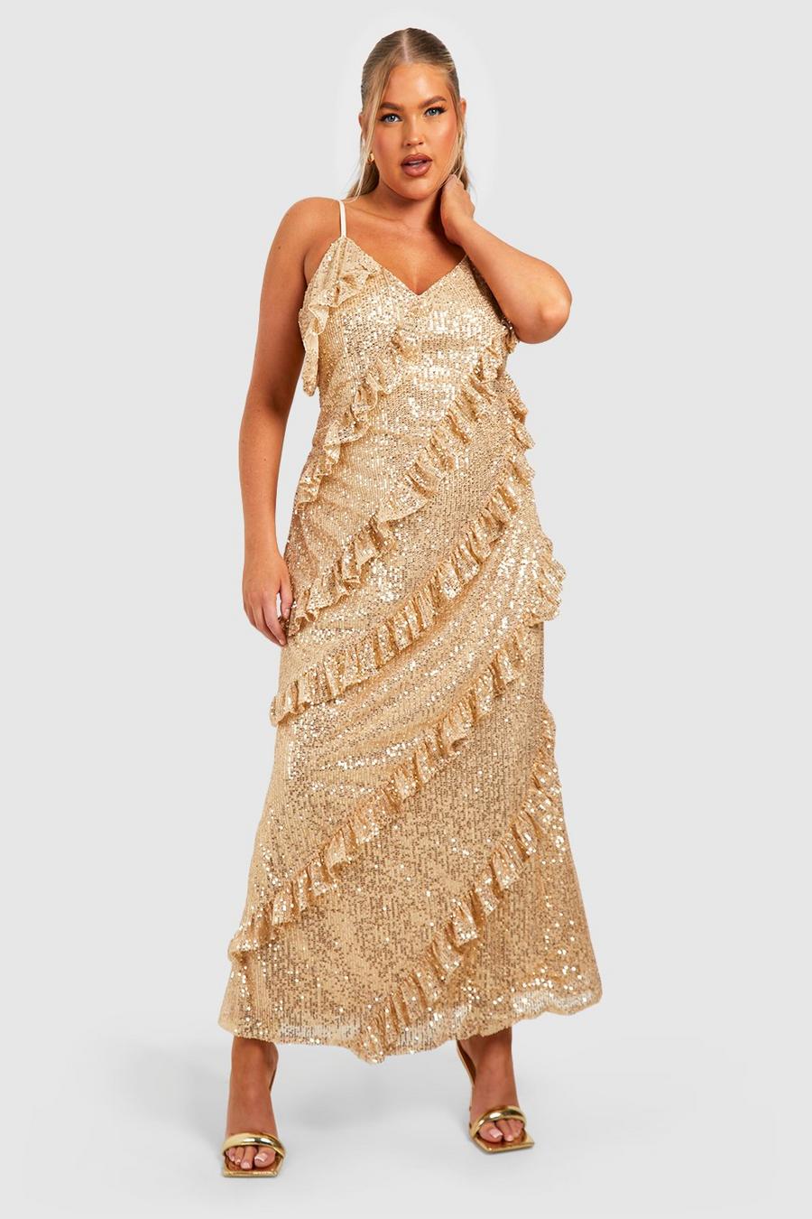 Gold Plus Sequin Ruffle Maxi Dress image number 1
