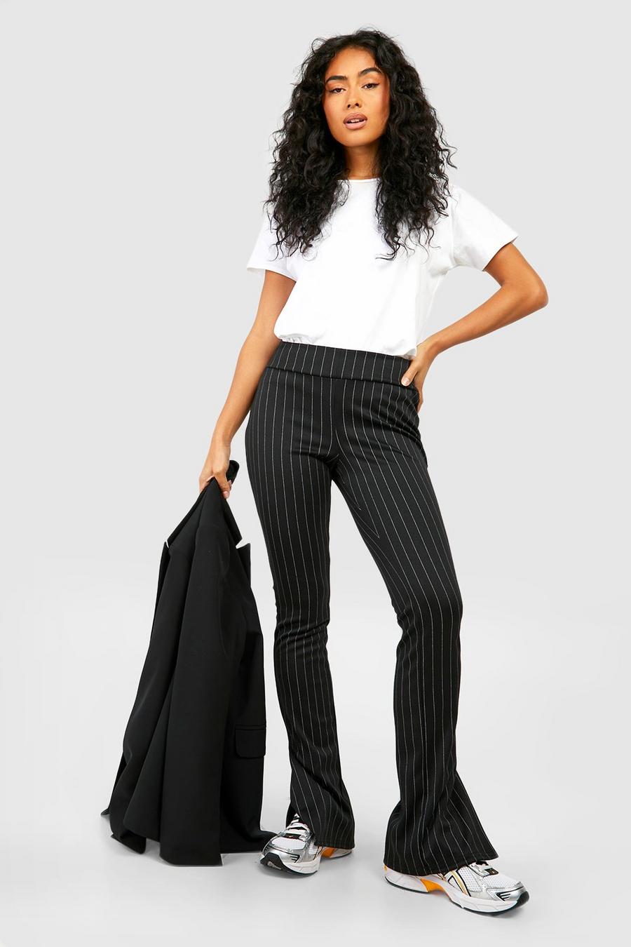 Black Pinstripe Split Hem Slim Fit Trousers image number 1
