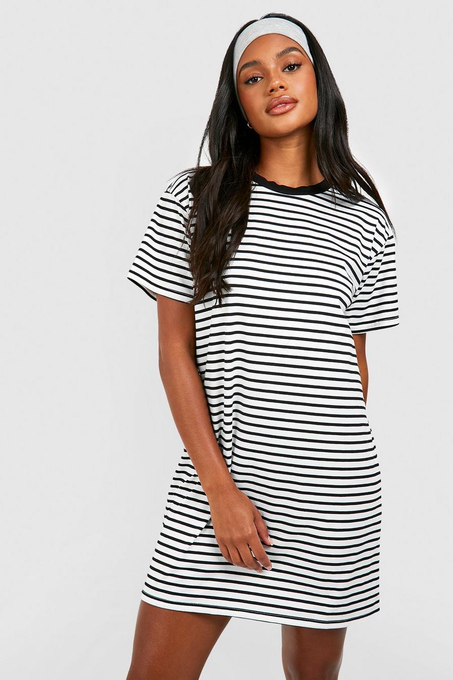 Black Oversized Striped T-shirt  Dress  image number 1