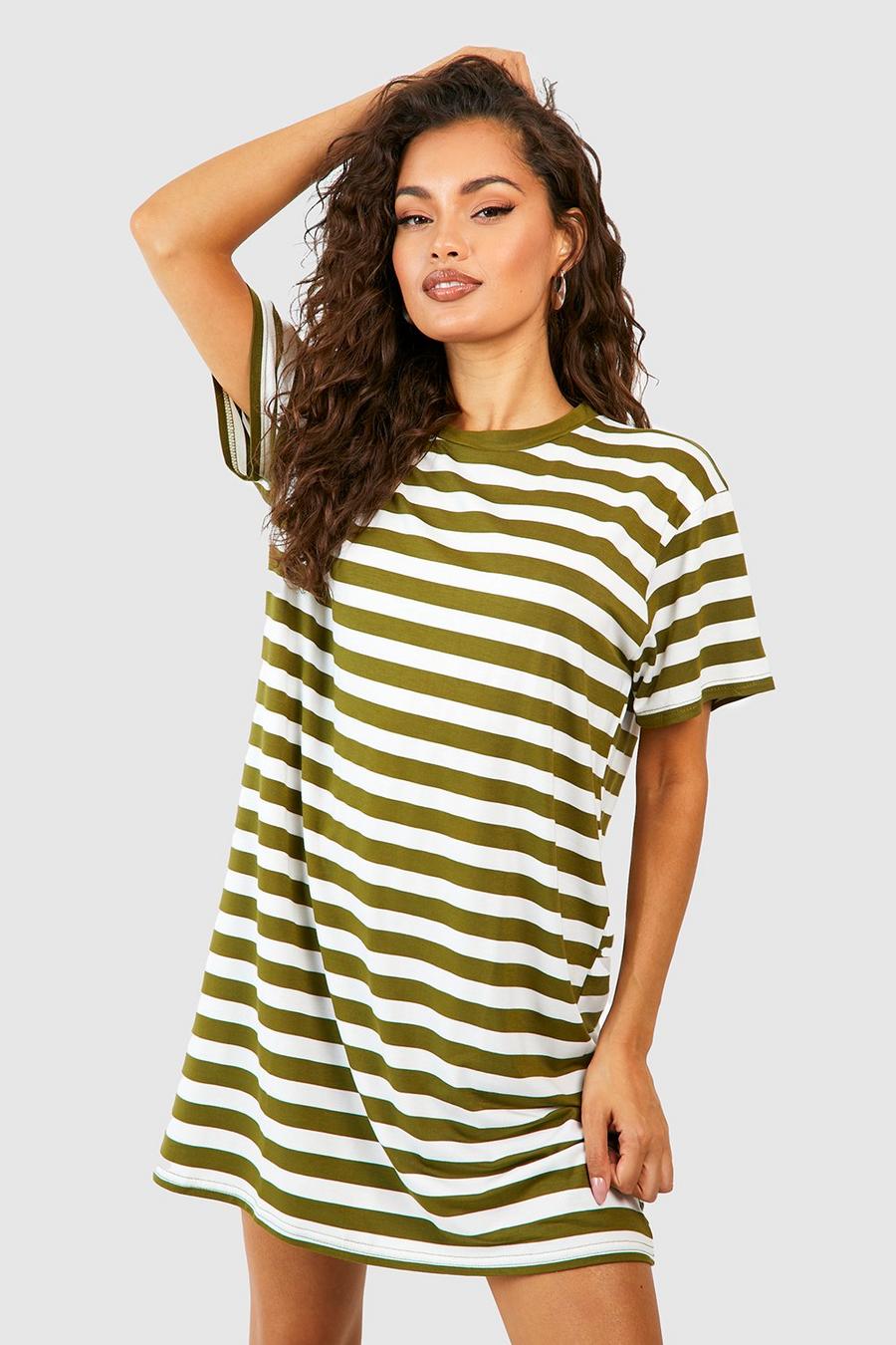 Vestito T-shirt oversize a righe, Olive image number 1