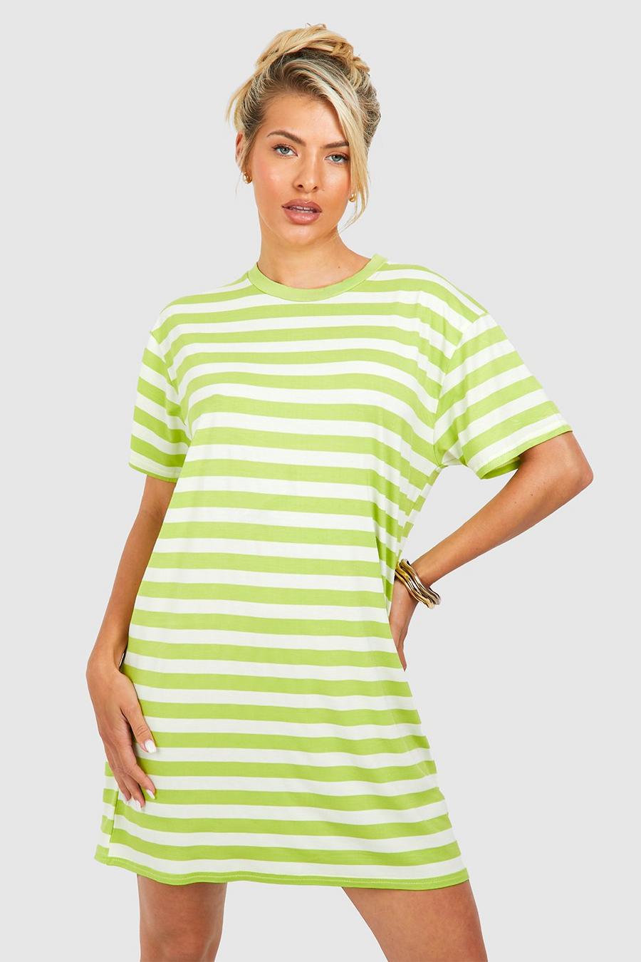 Gestreiftes Oversize T-Shirt-Kleid, Chartreuse
