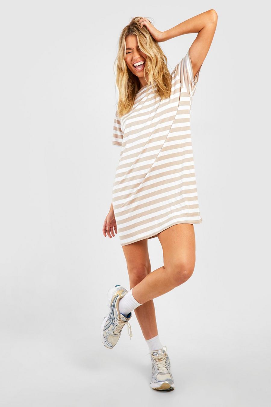 Stone beis Oversized Striped T-shirt  Dress