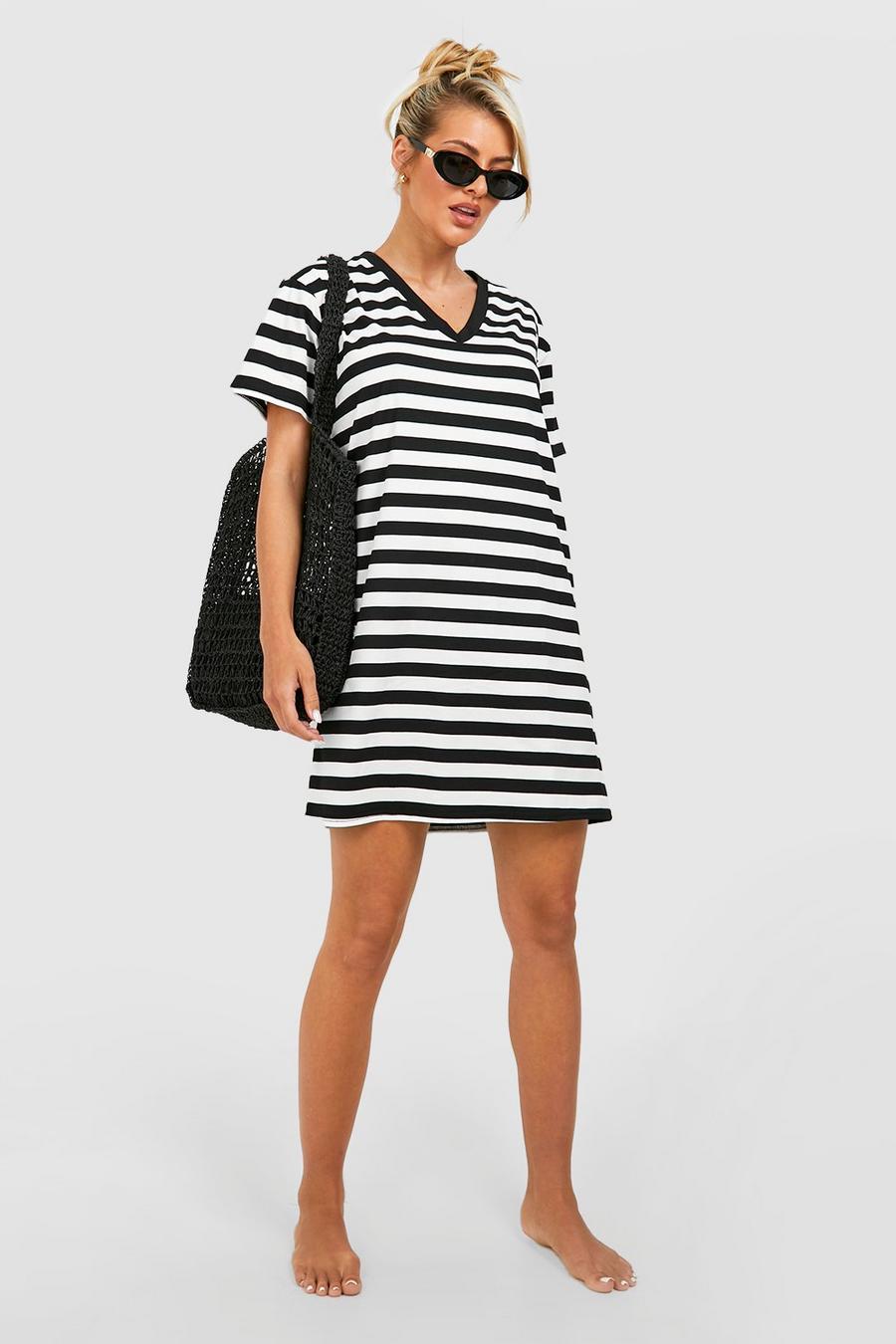 Black Oversized V Neck Striped T-shirt Crop Beach Dress image number 1