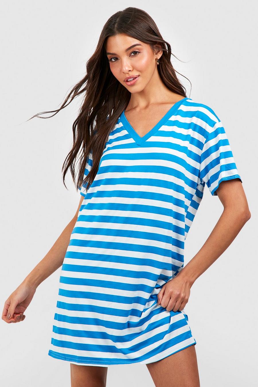 Vestido camiseta oversize para la playa de rayas con escote de pico, Blue image number 1