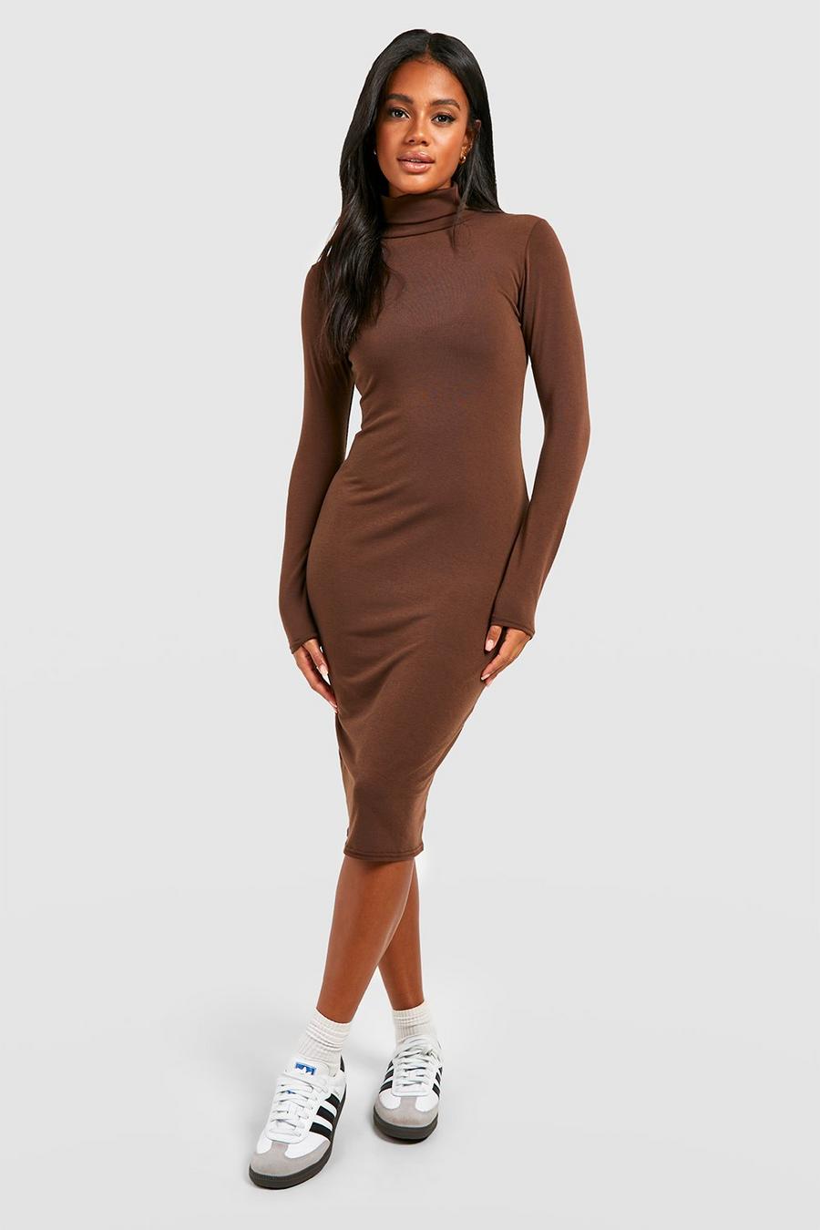 Chocolate brown Rib Turtleneck Midi Dress