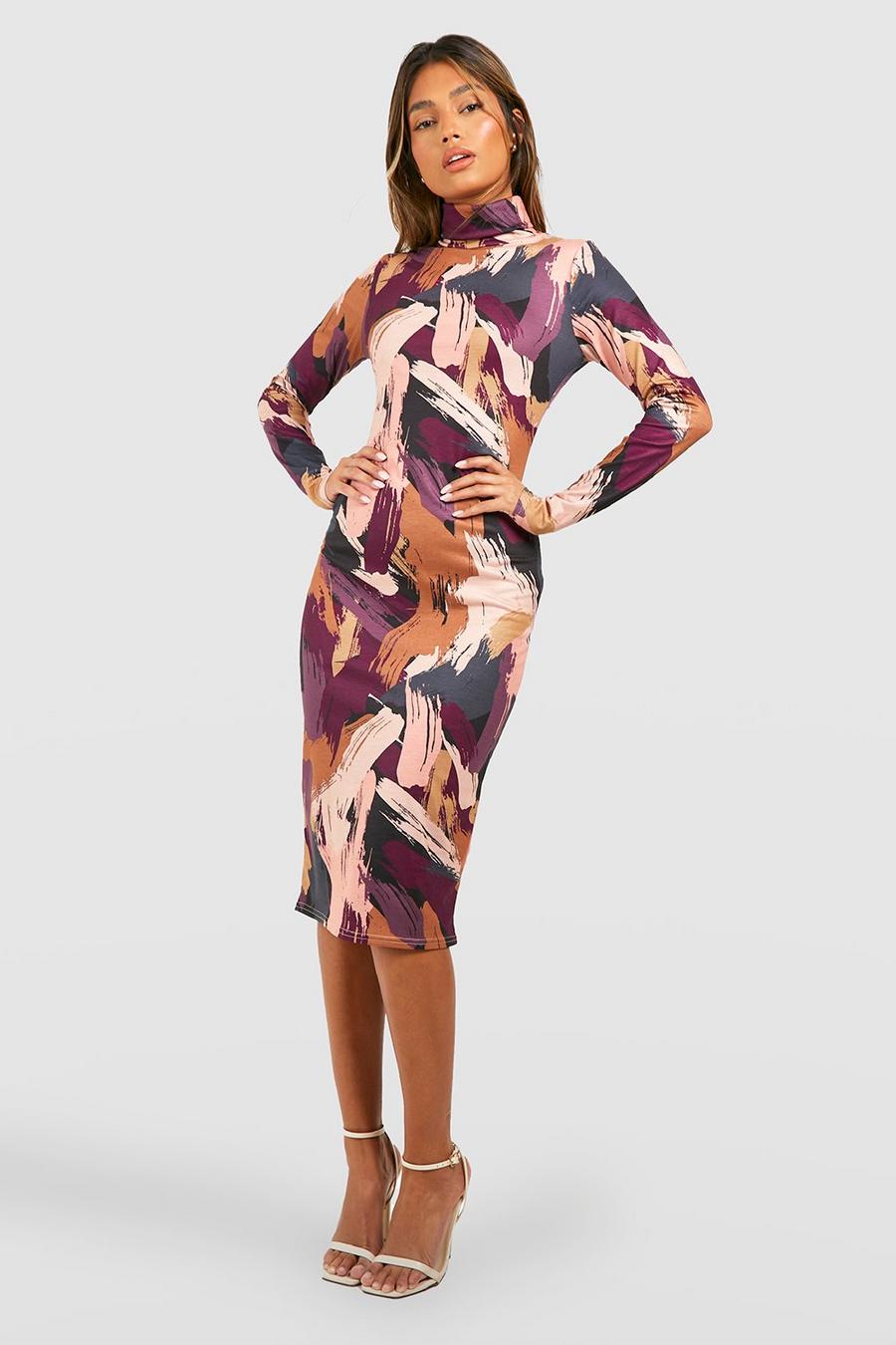 Chocolate Abstract Rib Roll Neck Midi Dress  image number 1